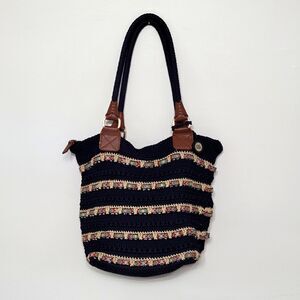 The Sak Cambria Crochet Woven Large Tote Shoulder Bag Purse Black Boho Chic